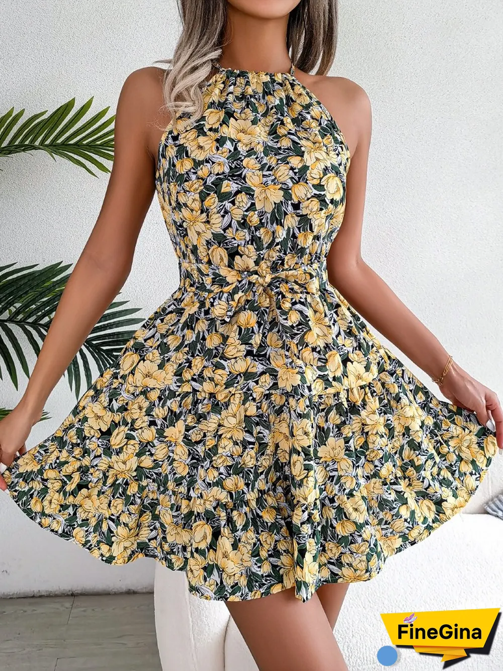 Elegant Floral Print Halter Dress For Women Summer Dresses New Casual Lace-up Ruffled High Waist A-line Mini Dress
