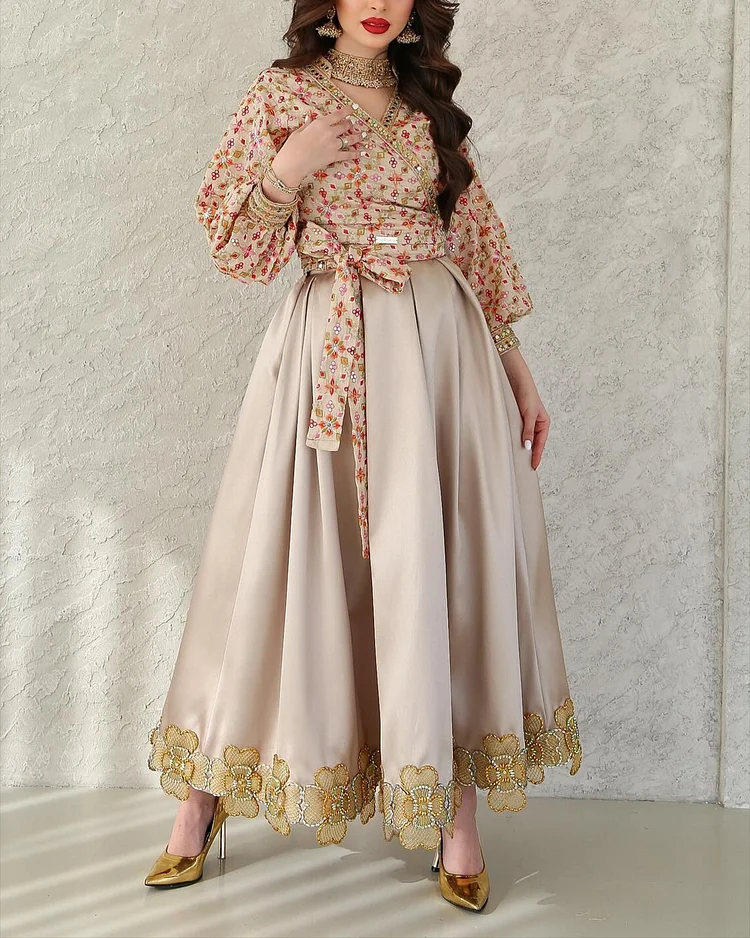 Women's V-neck printed lace-up Dress
