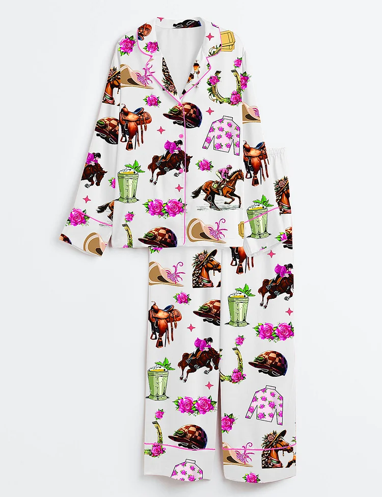 Women&rsquo;s Kentucky Derby Run For The Roses Kentucky Horse Racing Western Long Sleeve Satin Pajama Set