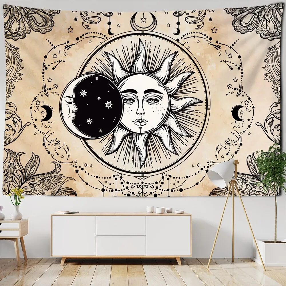 White Black Sun Moon Witchcraft Tapestry India Mandala Celestial Wall Hanging Hippie Wall Carpets Psychedelic Dorm Home Decor