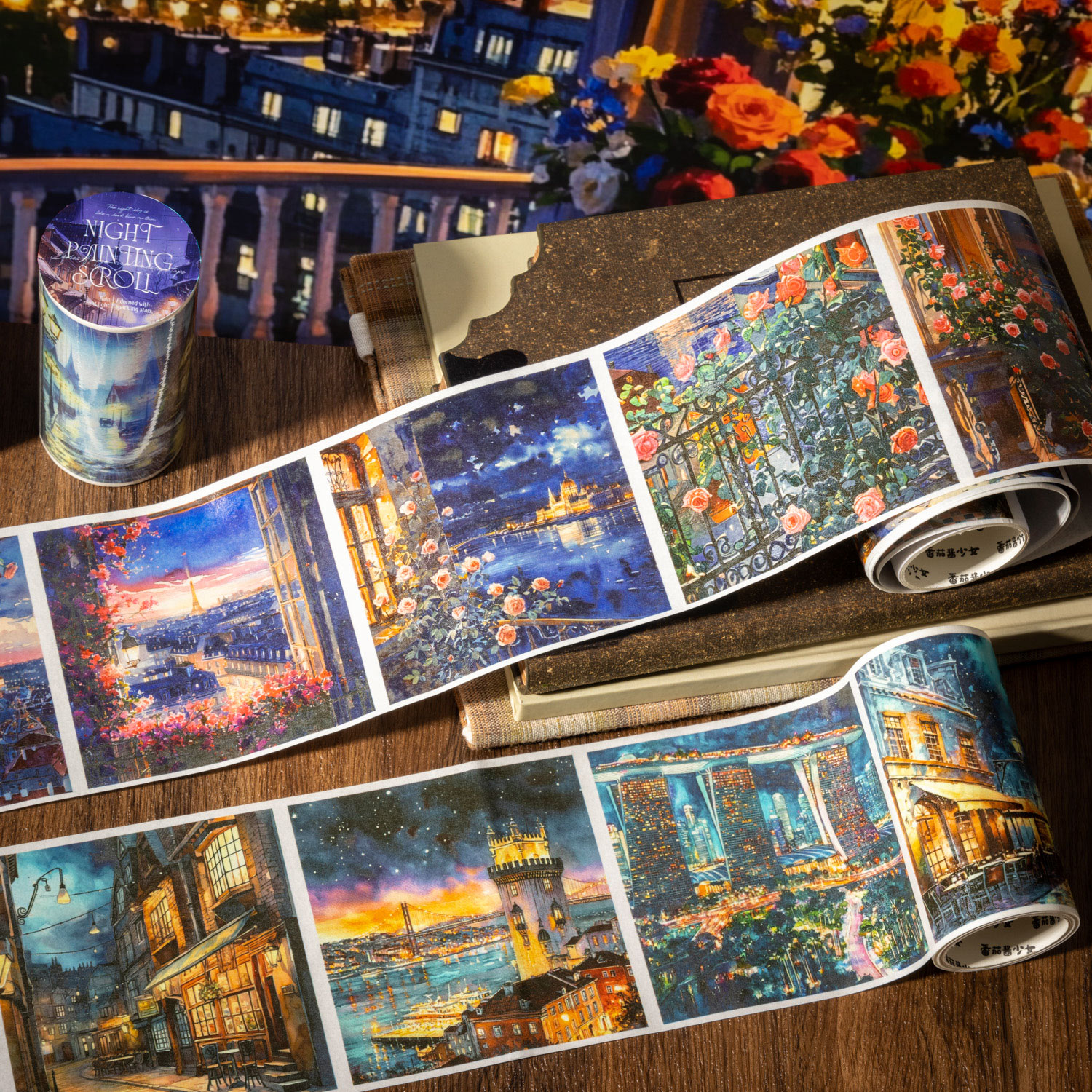 와시 테이프 - 80mm*200cm 야간 그림 스크롤 시리즈 빈티지 꽃 눈 야경 풍경