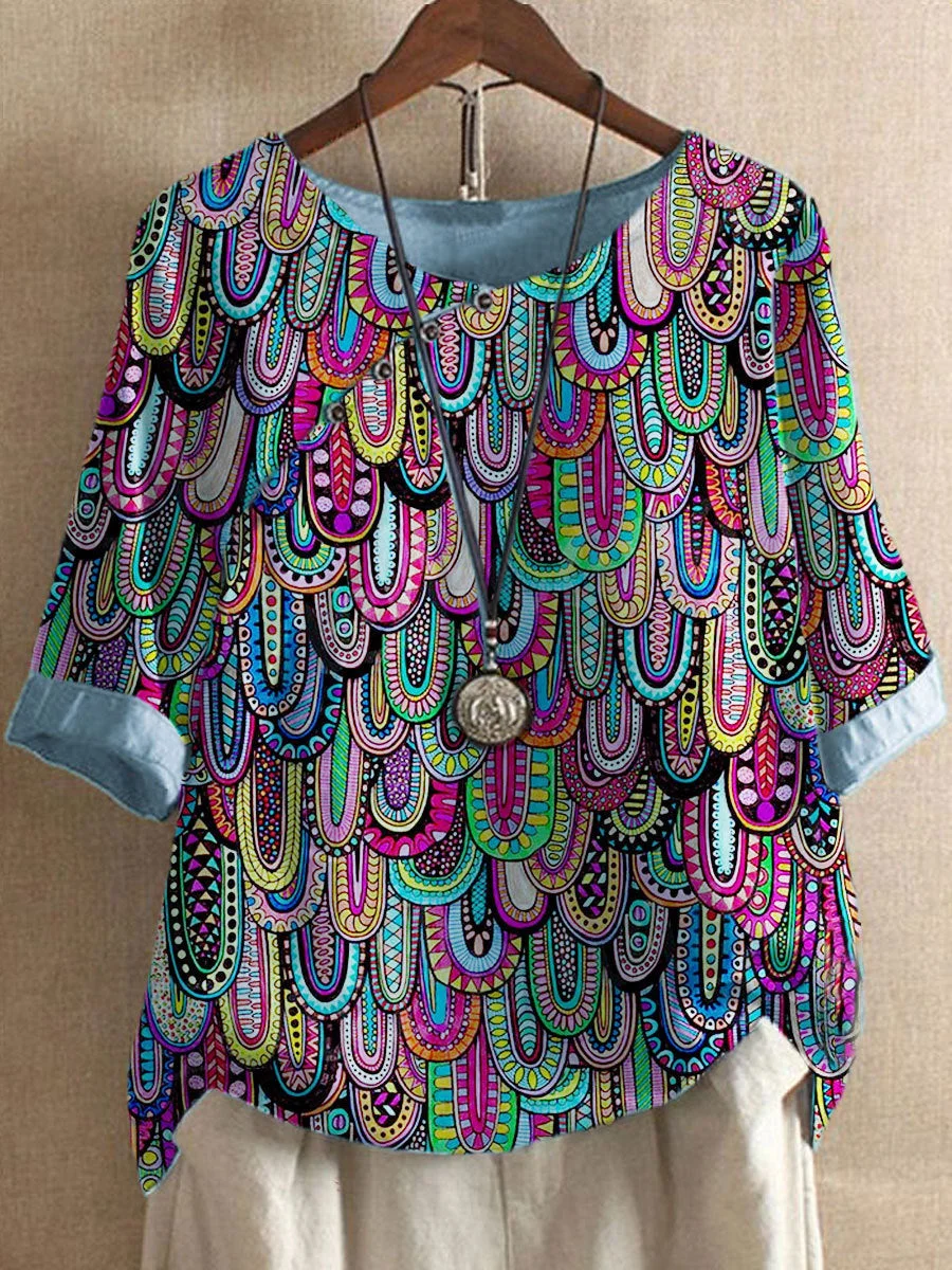 Women's Printed Round Neck Short Sleeve Slant Neck Top T-Shirt