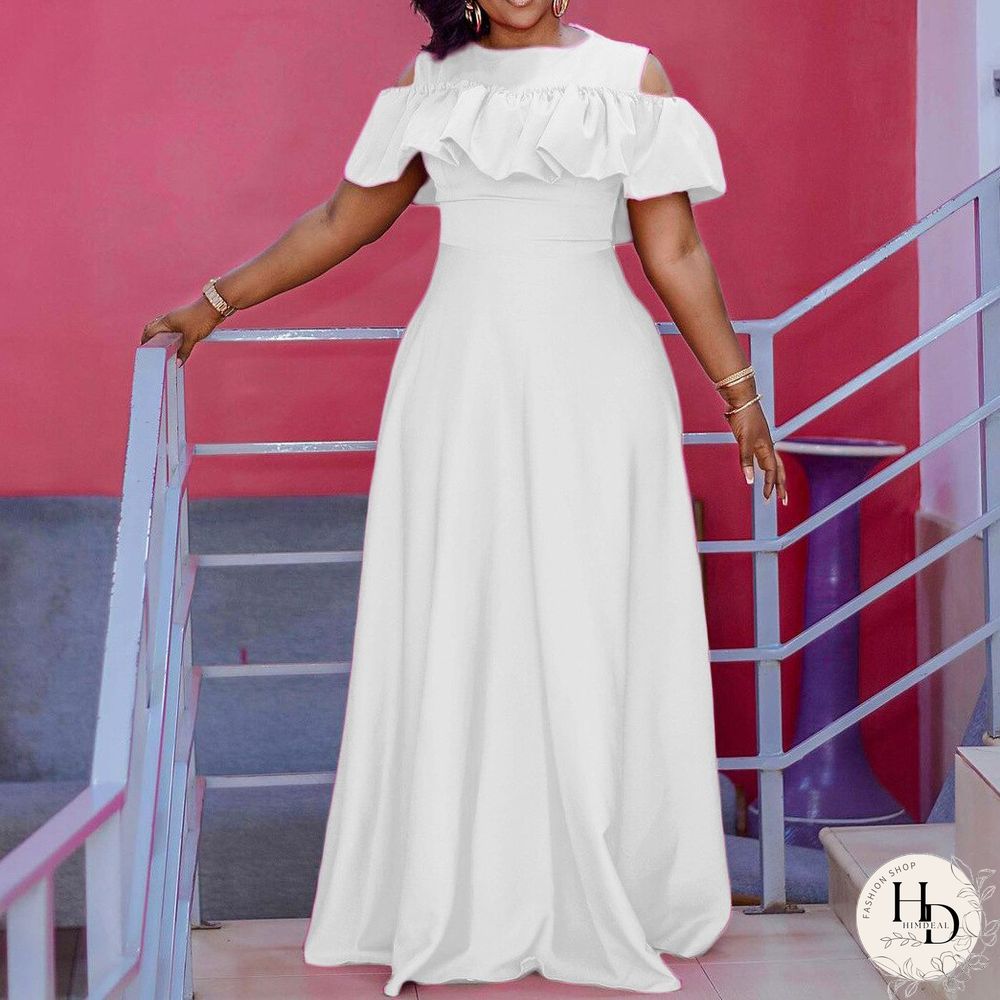 Summer New Round Neck Boho Dress Women Off-shoulder Temperament Short-sleeved Pleated Waist Long Dress