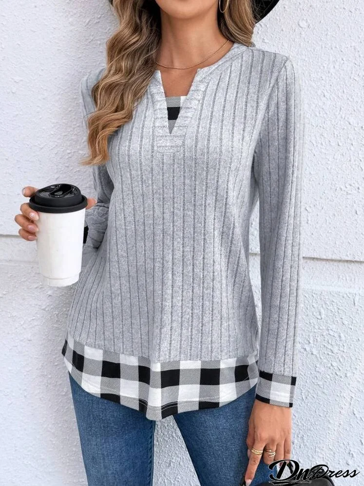 Women's V-Neck Gingham Panel Long Sleeve Rib-Knit T-Shirt
