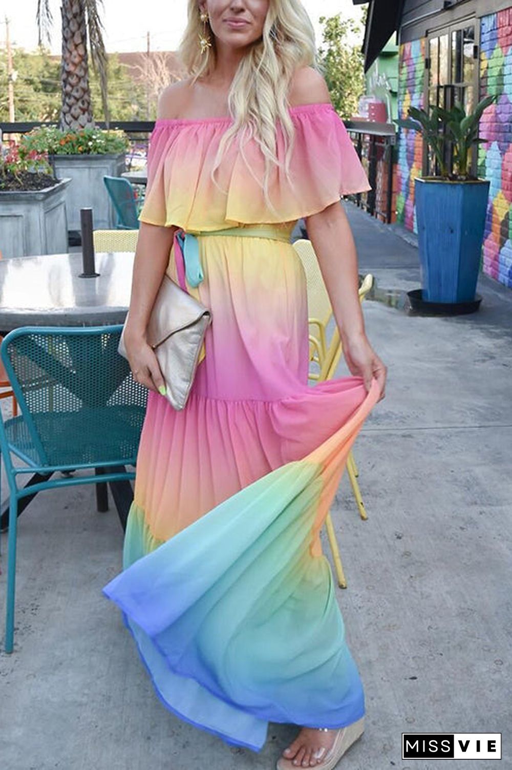 Gradient Off Shoulder Belted Maxi Dress