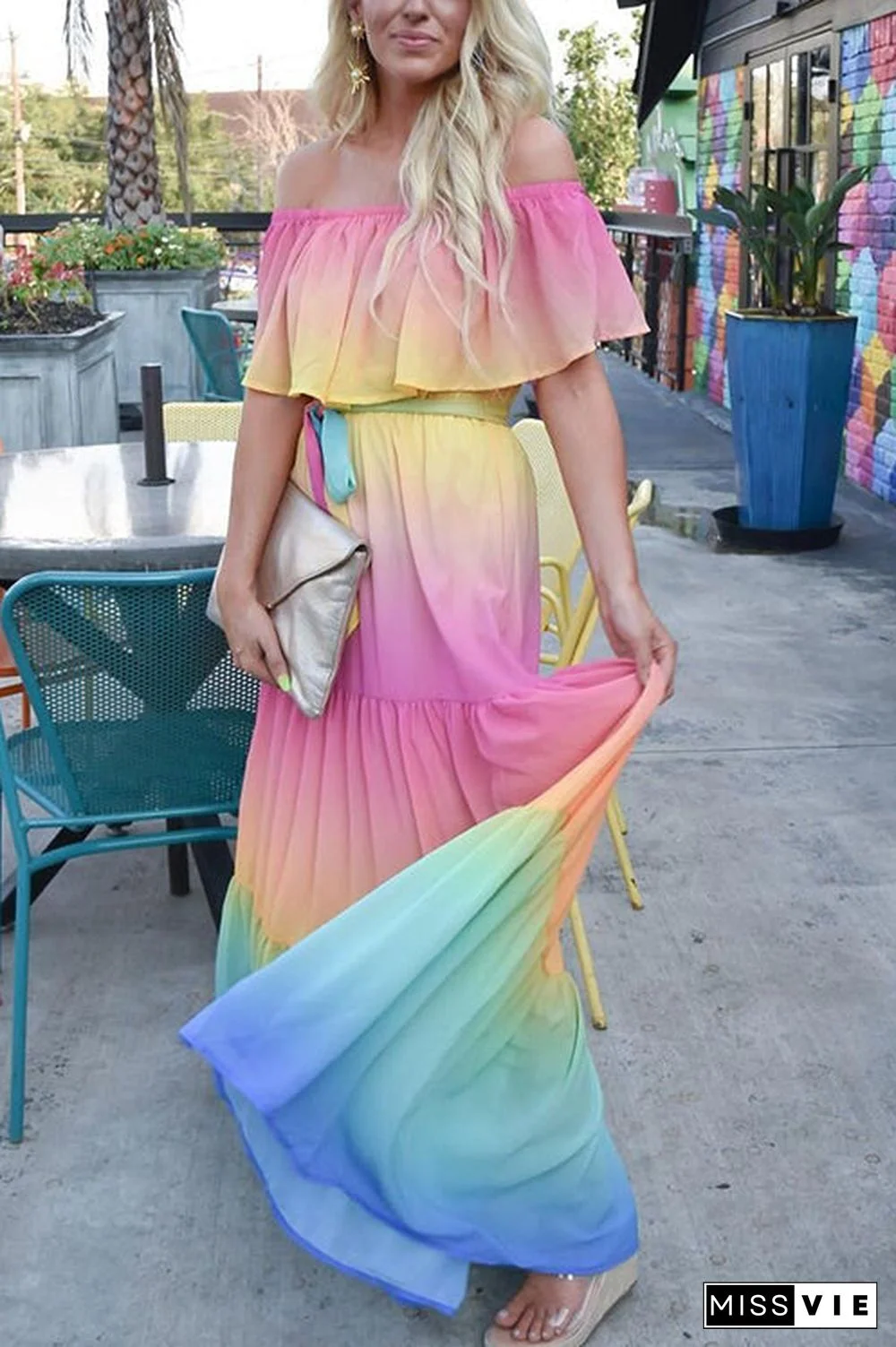 Gradient Off Shoulder Belted Maxi Dress