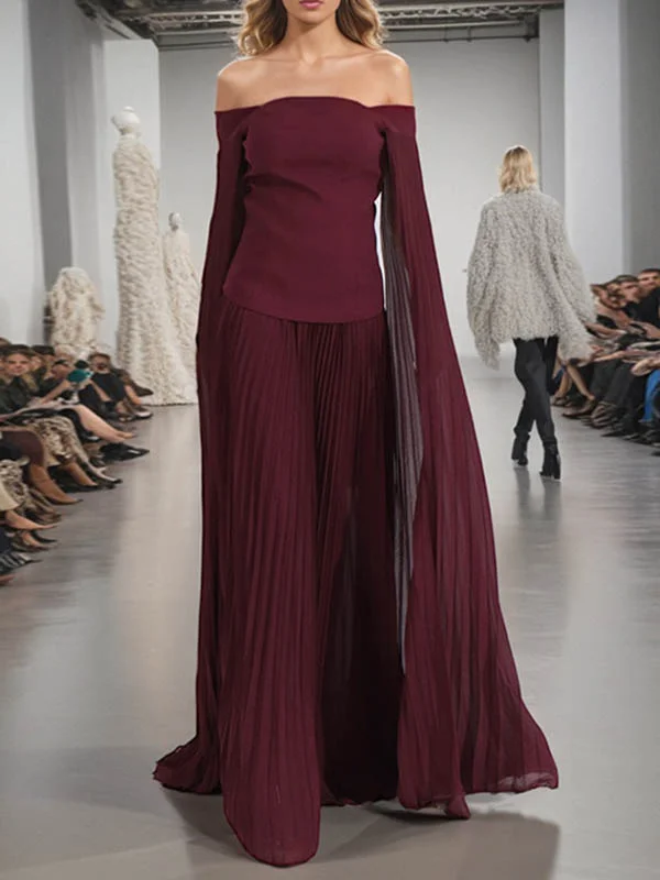 Flared Sleeves Zipper Solid Color Split-Joint Off-The-Shoulder Blouses&Shirts Tops + Pleated A-Line Skirts Bottom Two Pieces Set