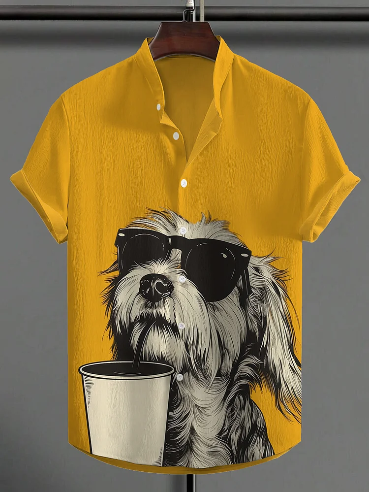 Men's Sunglasses Dog Drinking Print Linen Blend Shirt
