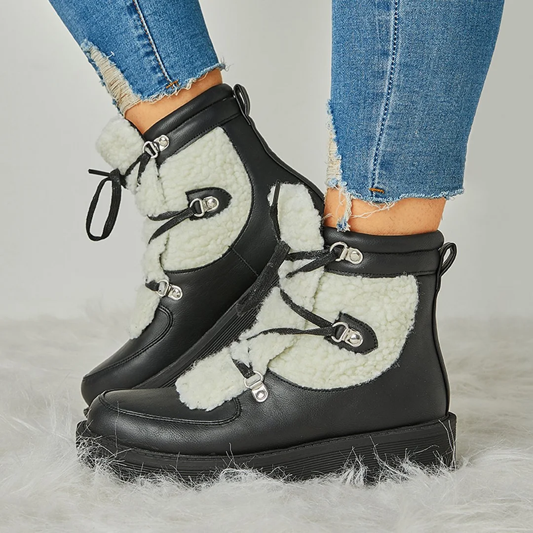 Women Faux Shearling Stiching Lace Up Snow Boots