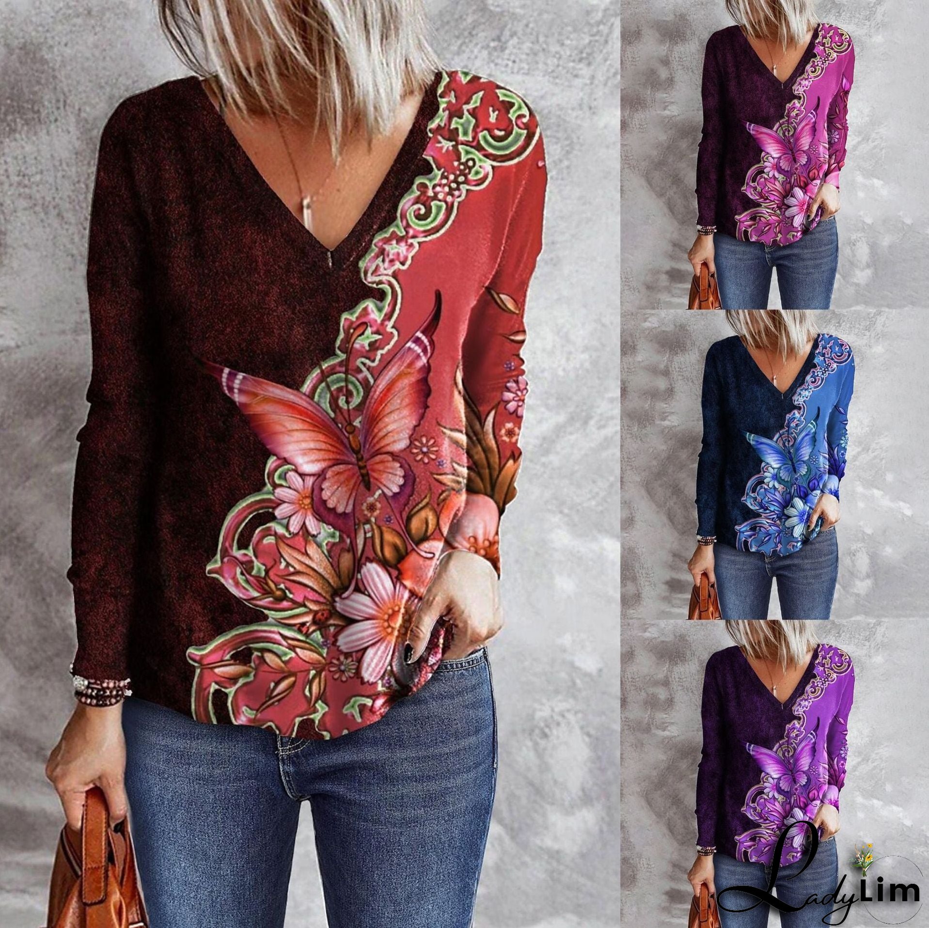 V-neck Long Sleeve Loose T-shirt for Women Flower and Butterfly Print