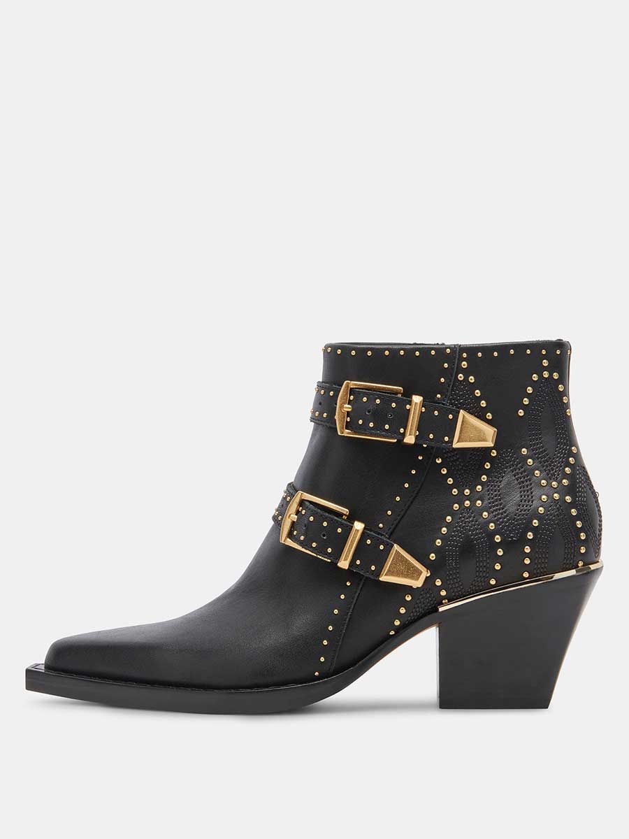Black Vegan Leather Snip Toe Golden Studded Buckle Fastening Strappy Ankle Boots With Chunky Heels