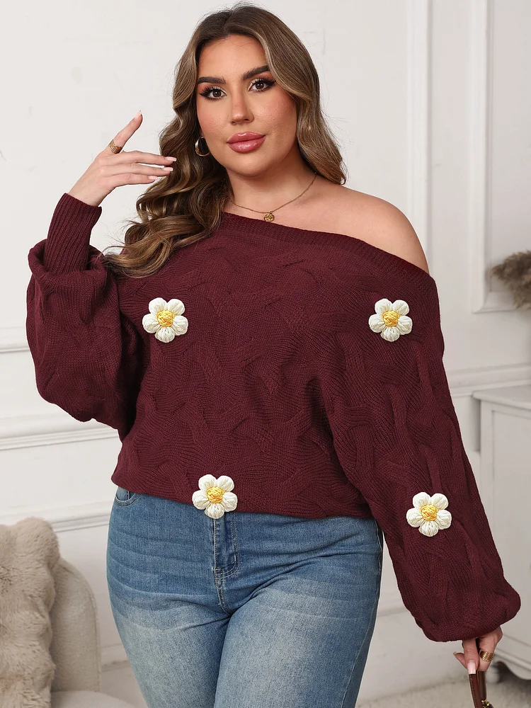 Autumn & Winter Sexy Vibe! EU/US Plus Size Women's Burgundy Sweater with 5 White Flowers - Off-Shoulder Bat Sleeves👚
