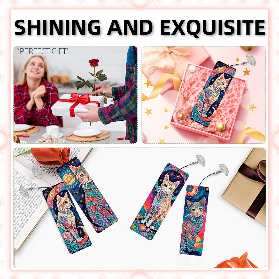 12Pcs Cat DIY Diamond Painting Bookmarks for Book Lovers Mosaic Art Supplies