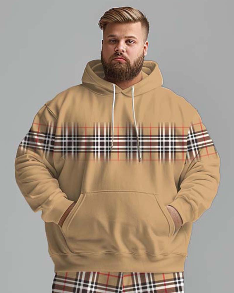 Men's Street Fashion Classic Plaid Spliced Big Hoodie Set