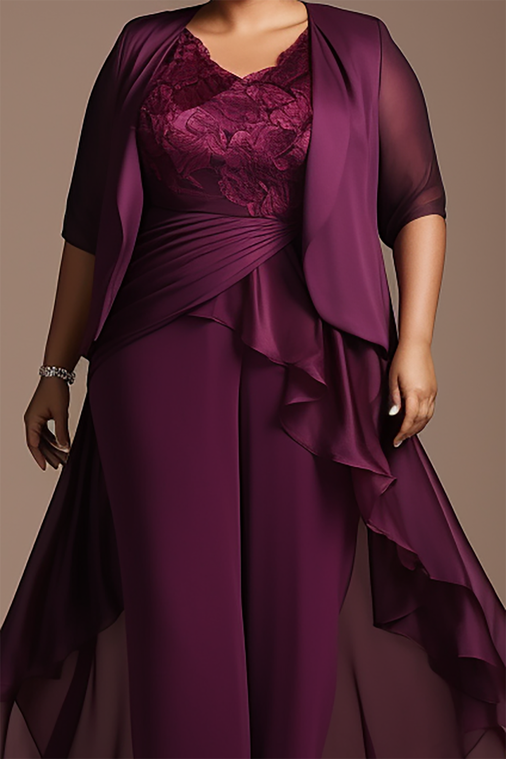 Design Plus Size Mother Of The Bride Elegant Purple Half Sleeve Irregular Hem Knitted Two Piece Pant Sets [Pre-Order]