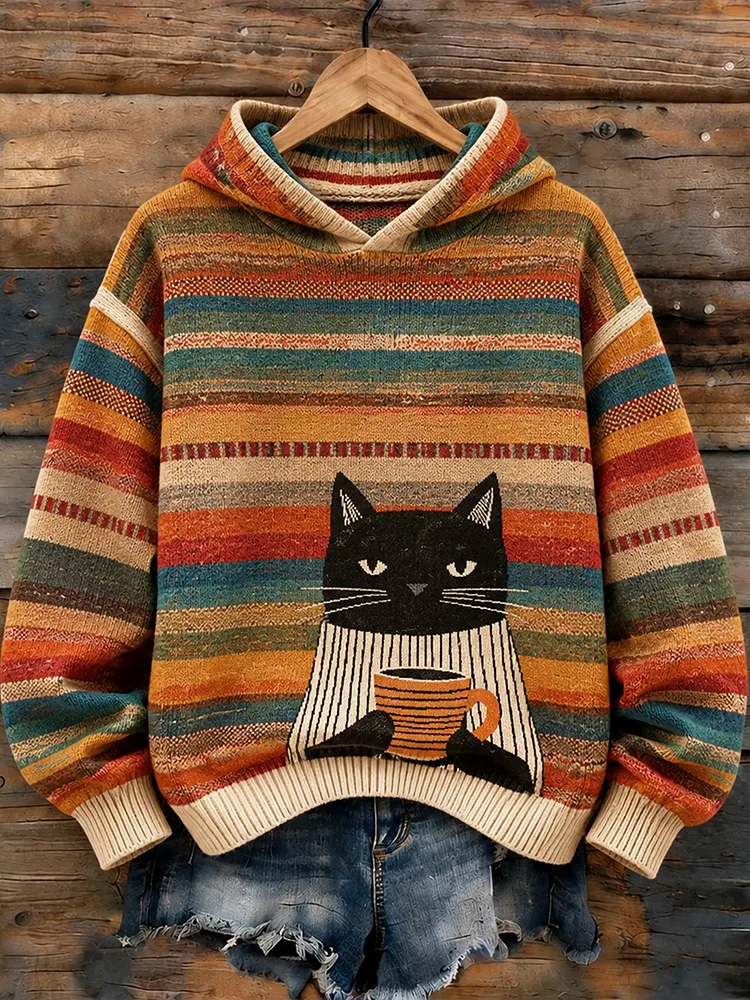 Comstylish Women's Vintage Boho Cute Black Cat Coffee Graphic Striped Knit Hooded Sweater