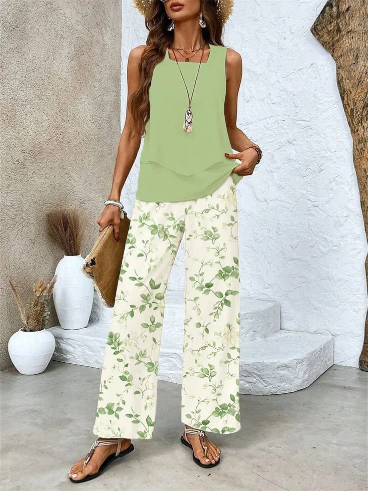 Women's Sleeveless Square Collar Floral Printed Casual Set