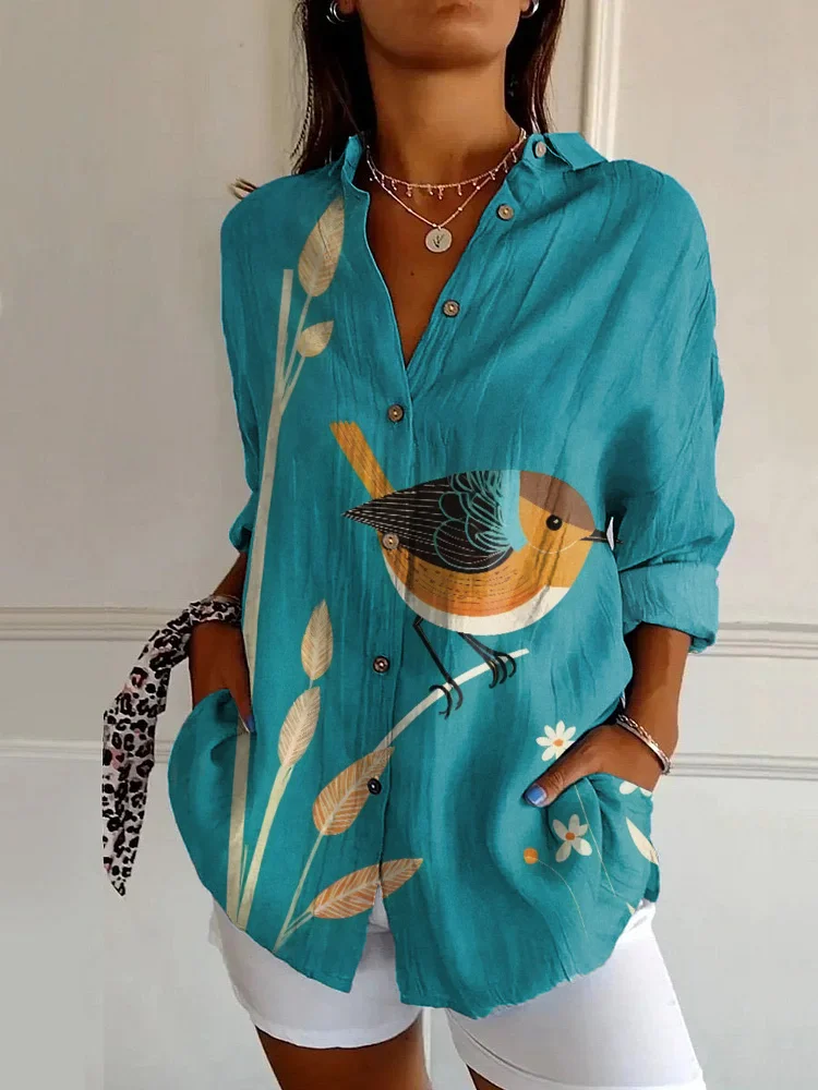 Vintage Bird Art Print Casual Long Sleeve Shirt