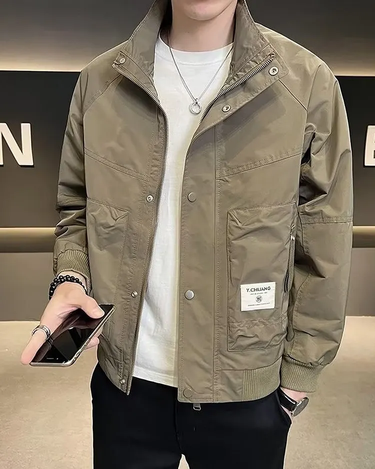 Stand Collar Utility Jacket with Pockets for Spring and Summer