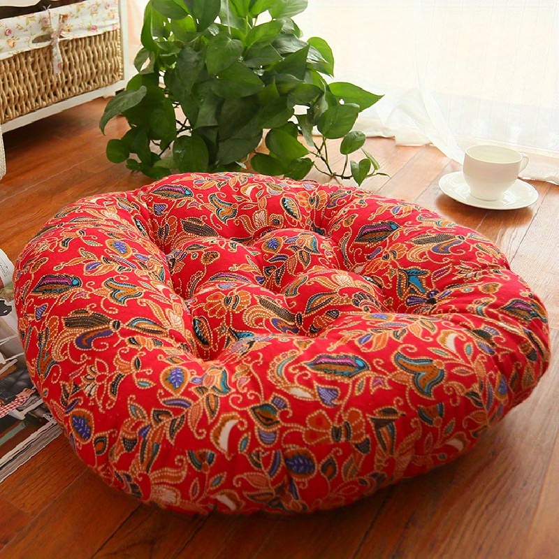 1pc Plush Thick Round Boho Chic Cushion - Soft Cotton Linen Blend, Ethnic Fabric, Yoga and Meditation Support, Window Seat Pillow, Floor Cushion for Living Room Home Decor and Relaxation