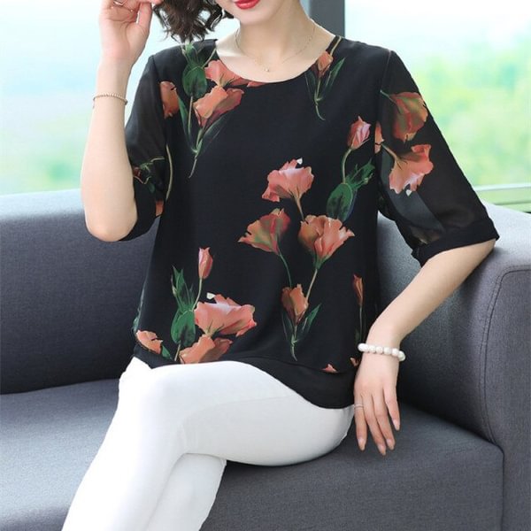 Women Simple Stitching Loose Round Neck Blouse Thin Printed Chiffon Shirt with Medium Sleeves Female Spring Pullover 5XL - BlackFridayBuys
