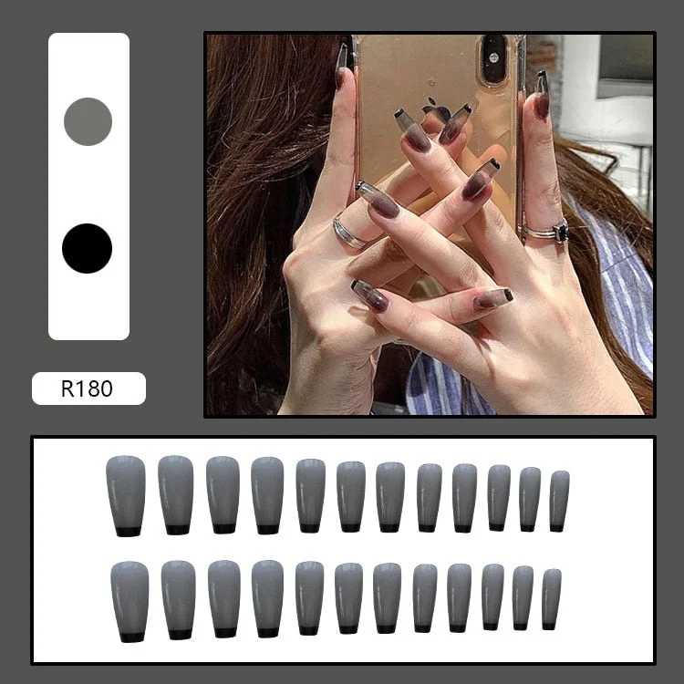 24PCS Dark Punk False Nails with Glue Gradient Long Detachable Fire Dragon  on Nails Skull Flame Art DIY Fashion Manicure Tool-Nail Inspo