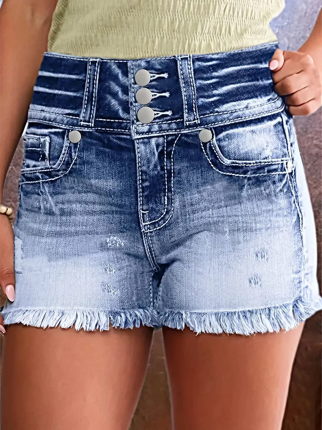 Women's Casual Denim Shorts High Rise Rough Edge Washed Denim Shorts