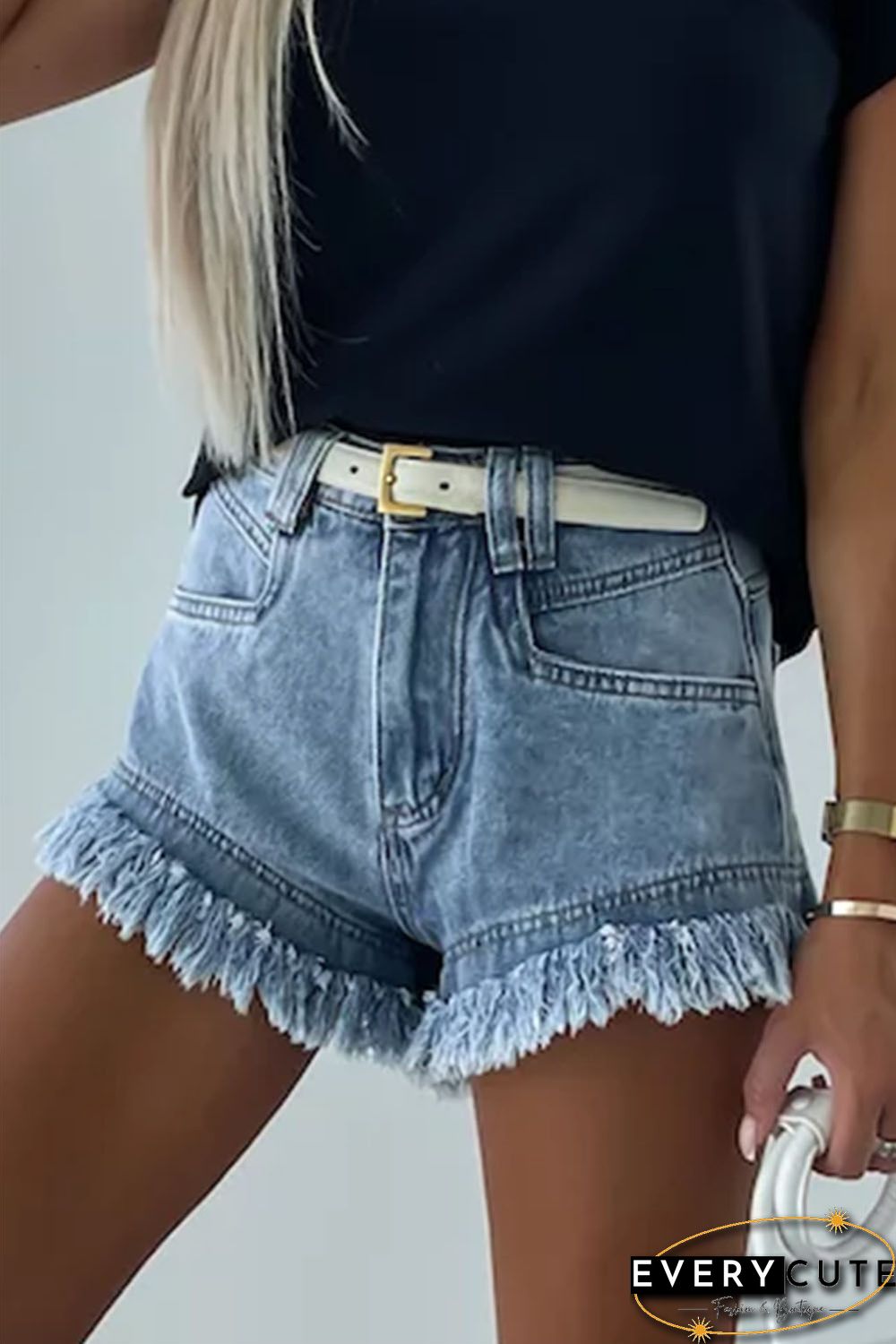 Sky Blue Raw Hem Acid Wash Denim Shorts