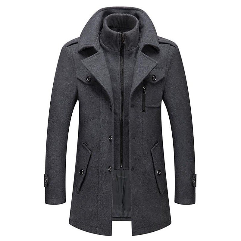 Rogoman Men's Single-breasted Solid Color Fake Two Piece Wool Coat