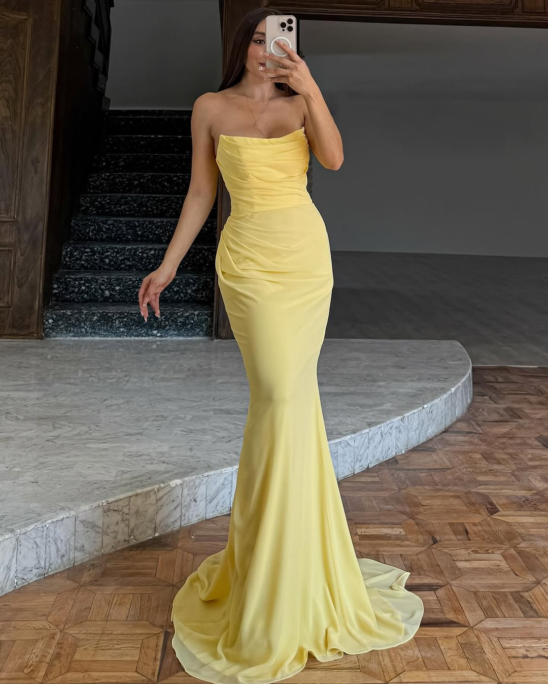 Oknass Yellow Strapless Sleeveless Long Mermaid Prom Dress With Pleated