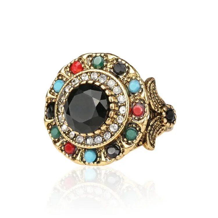 Turkish Jewelry Gold Color Ring Fashion Bohemian Tibetan Alloy Colorful Resin And Crystal Round Rings For Women