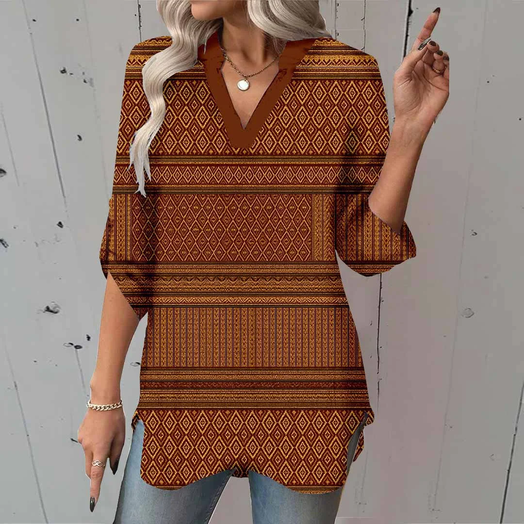 Women Checkered, Brown DZGA0332 3/4 Sleeve V-neck Printed Graphic Button Tops