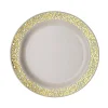 10 Pack | 7" Gold Lace Rim Ivory Plastic Dessert Appetizer Plates, Disposable Salad Plates