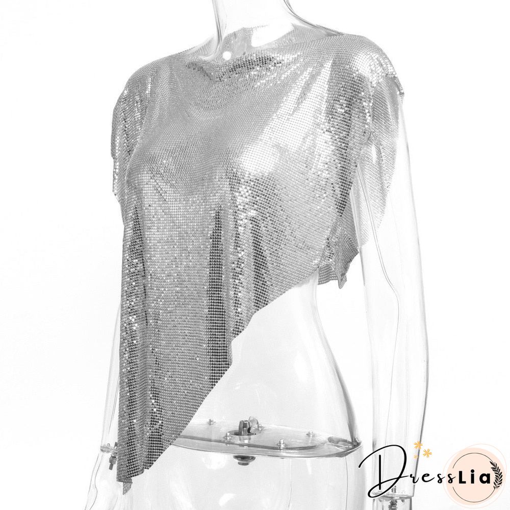 Silver Sexy Metal Short Sleeve Women's T-shirts O Neck Asymmetry Back Hollow Out Tops Clubwear Shine Sequins Hot T Shirt