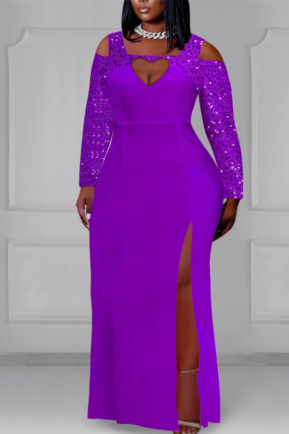 Plus Size Formal Maxi Dresses Red Fall Winter Square Neck Cold Shoulder Long Sleeve Split Sequin Maxi Dresses