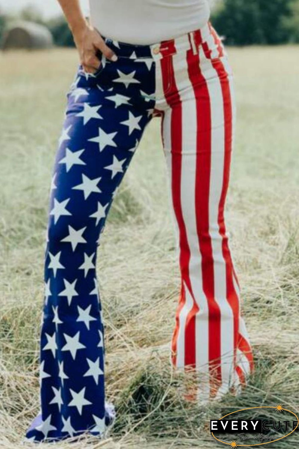 Blue White Casual Striped The stars Patchwork Regular High Waist Speaker Patchwork Trousers