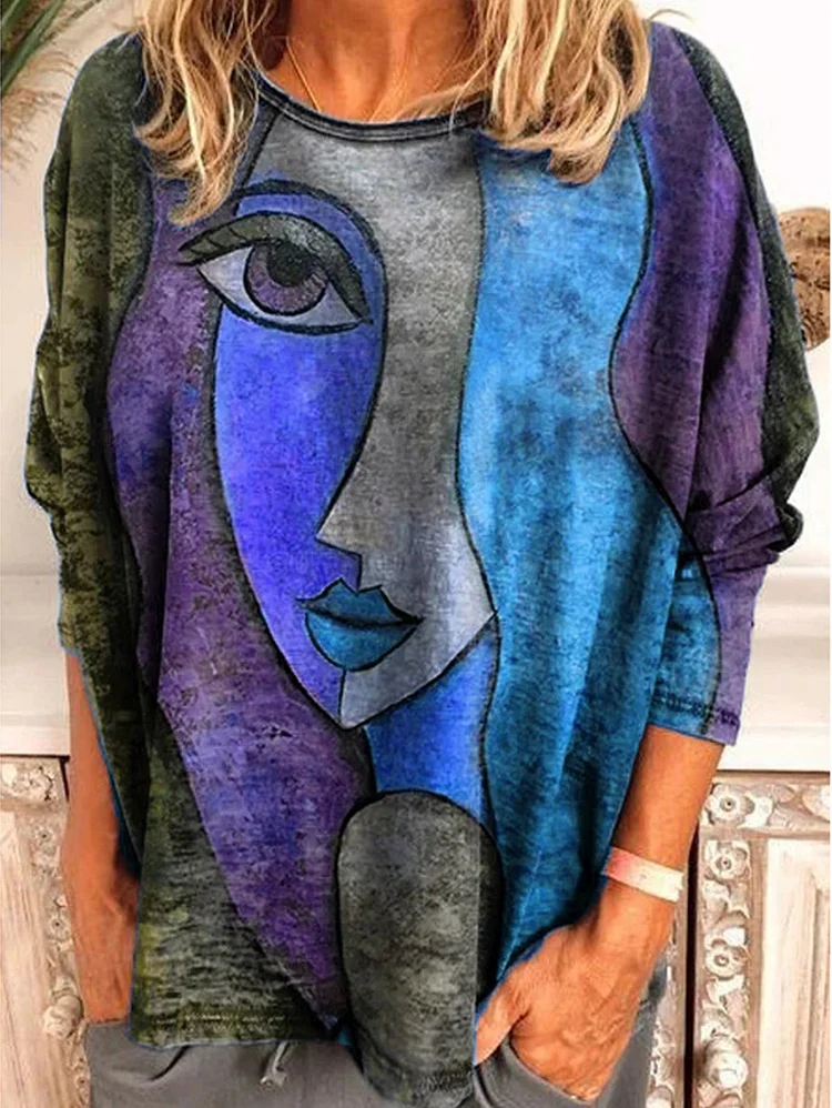 Abstract Color Block Graphic Pattern Long Sleeve Loose T-shirt
