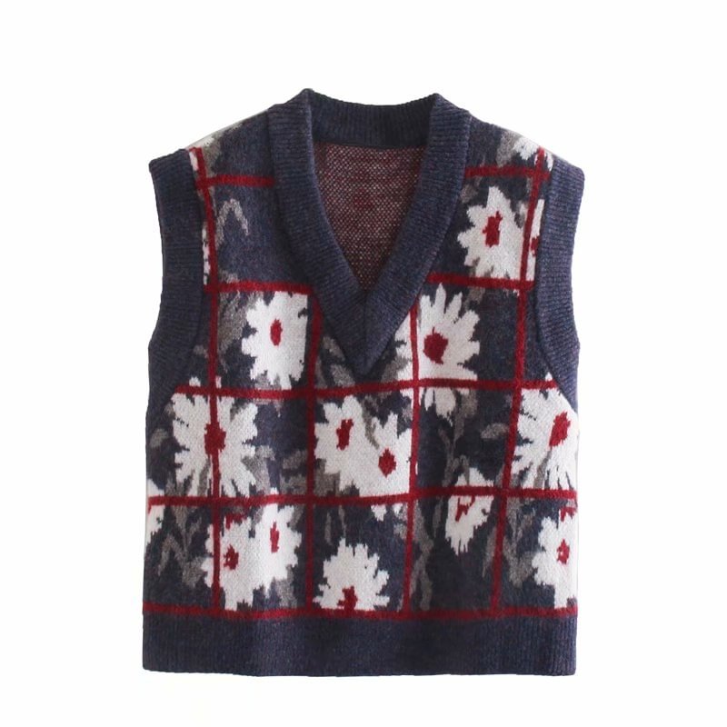 Vintage Chic Floral Print Plaid Sleeveless Sweater Women Fashion V-Neck Vest Tops Female Casual Knitwear
