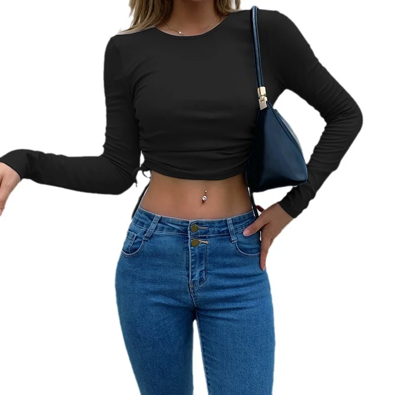 Churchf Churchf 2024 Women's New Irregular Slim Side Rope Long-Sleeve T-Shirt Short Top