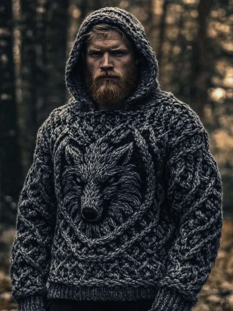Men's Wolf Inspired Viking Celtic Chunky Hooded Sweater