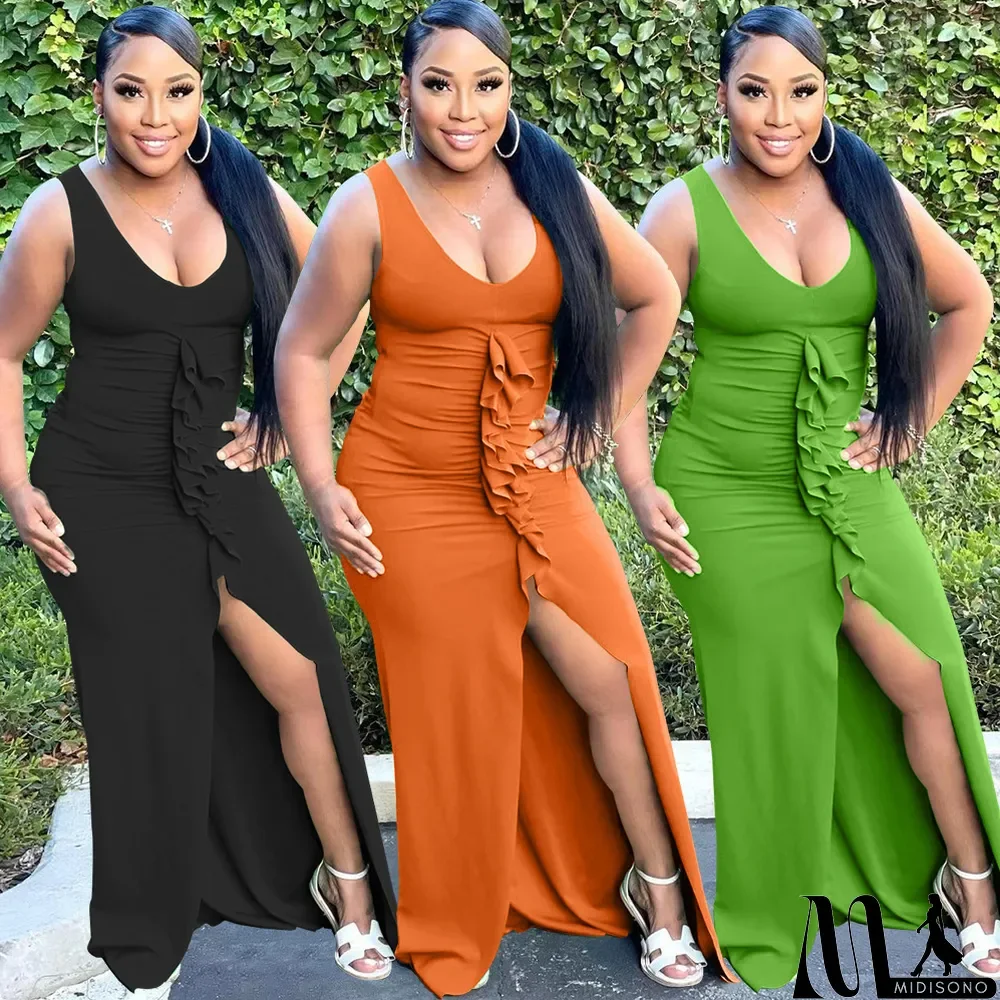 MidiSono - Solid Sleeveless V Neck Ruffled Split Maxi Dress