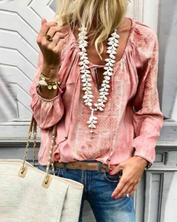 Plus Size Lace Up Fashion V Neck Long Sleeve Blouses
