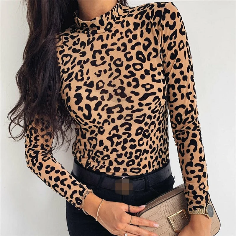 Women Blouses Fashion Leopard Print Turtle Neck Blouse Autumn Long Sleeve Shirts Party Ladies Clothes Womens Blouses And Tops
