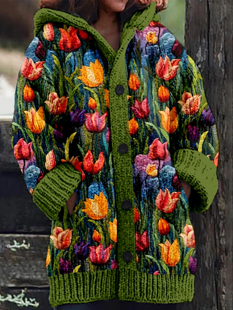 VChics Tulips Flower Embroidery Art Cozy Hooded Cardigan