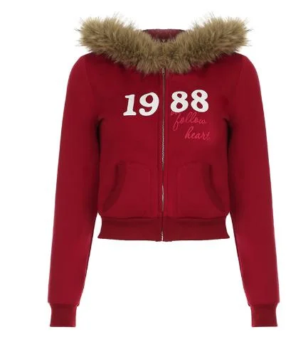 Abebey-Abebey-2024 Winter Slim Fit Letter Printed Warm Hoodies Women Slim and Versatile Oversizeds Fur Collar Sweatshirts Thickening Cardigan Y2K OUTFITS