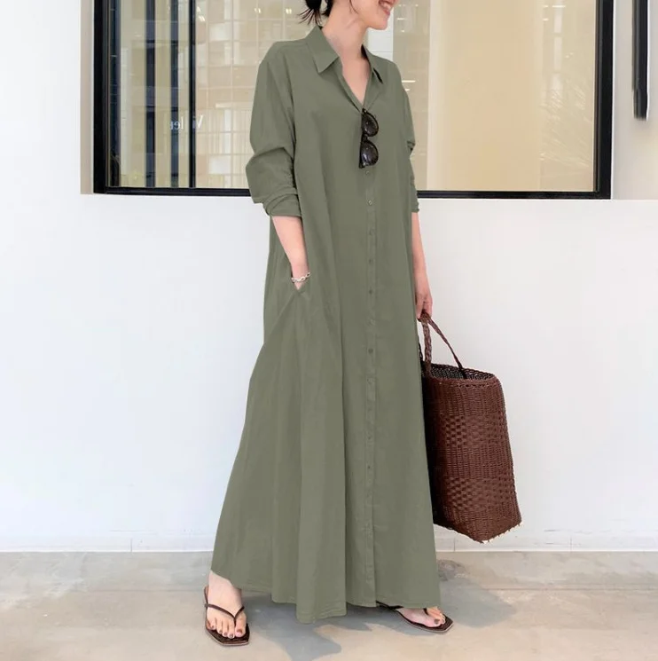  Summer Casual Plus Size Long-Sleeved Lapel Long Shirt Dress