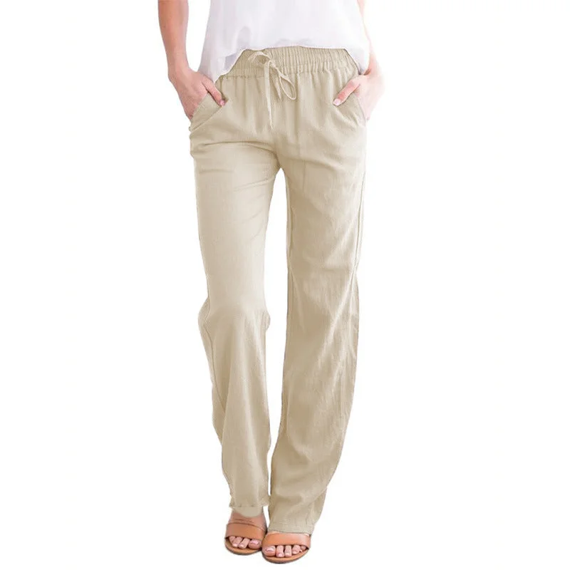 Brownm Temperament Commute Solid Color Cotton Linen Drawstring Loose Casual Wide-leg Trousers