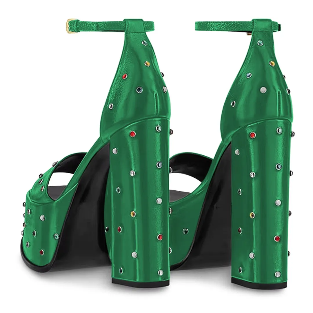 Green Open Toe Rhinestone Ankle Strap Platform Sandals for Women