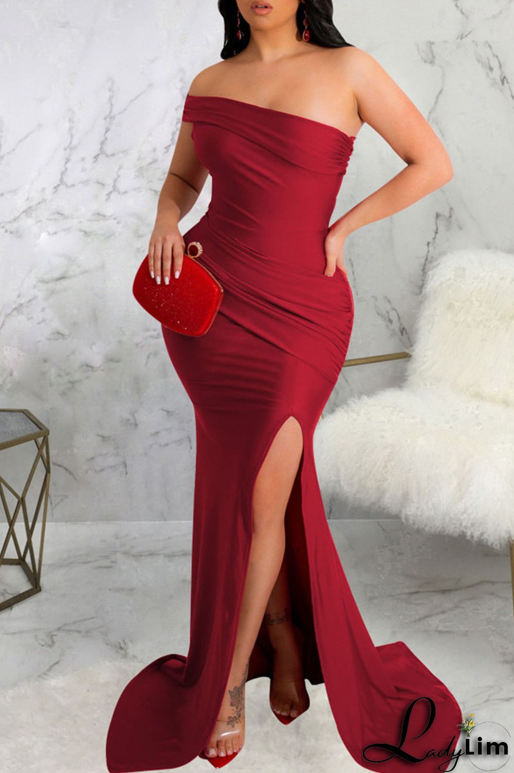 Tibetan Blue Sexy Elegant Solid Patchwork Slit Asymmetrical Off the Shoulder Evening Dress Dresses