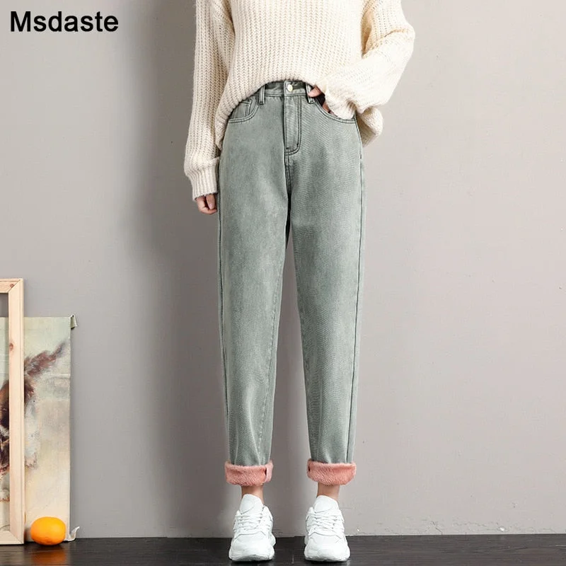 Winter Jeans for Women Velvet Thick Warm Denim Pants High Waist Fleece Mom Jeans Vintage Wide Leg Ankle-Length Harem Denim Pants